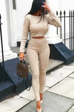 Rebellious Fashion Beige Cable Knit Loungewear Co-ord - Anha