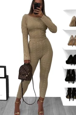 Rebellious Fashion Beige Cable Knit Loungewear Co-ord - Anha