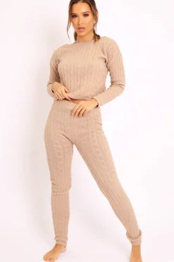 Rebellious Fashion Beige Cable Knit Loungewear Co-ord - Anha