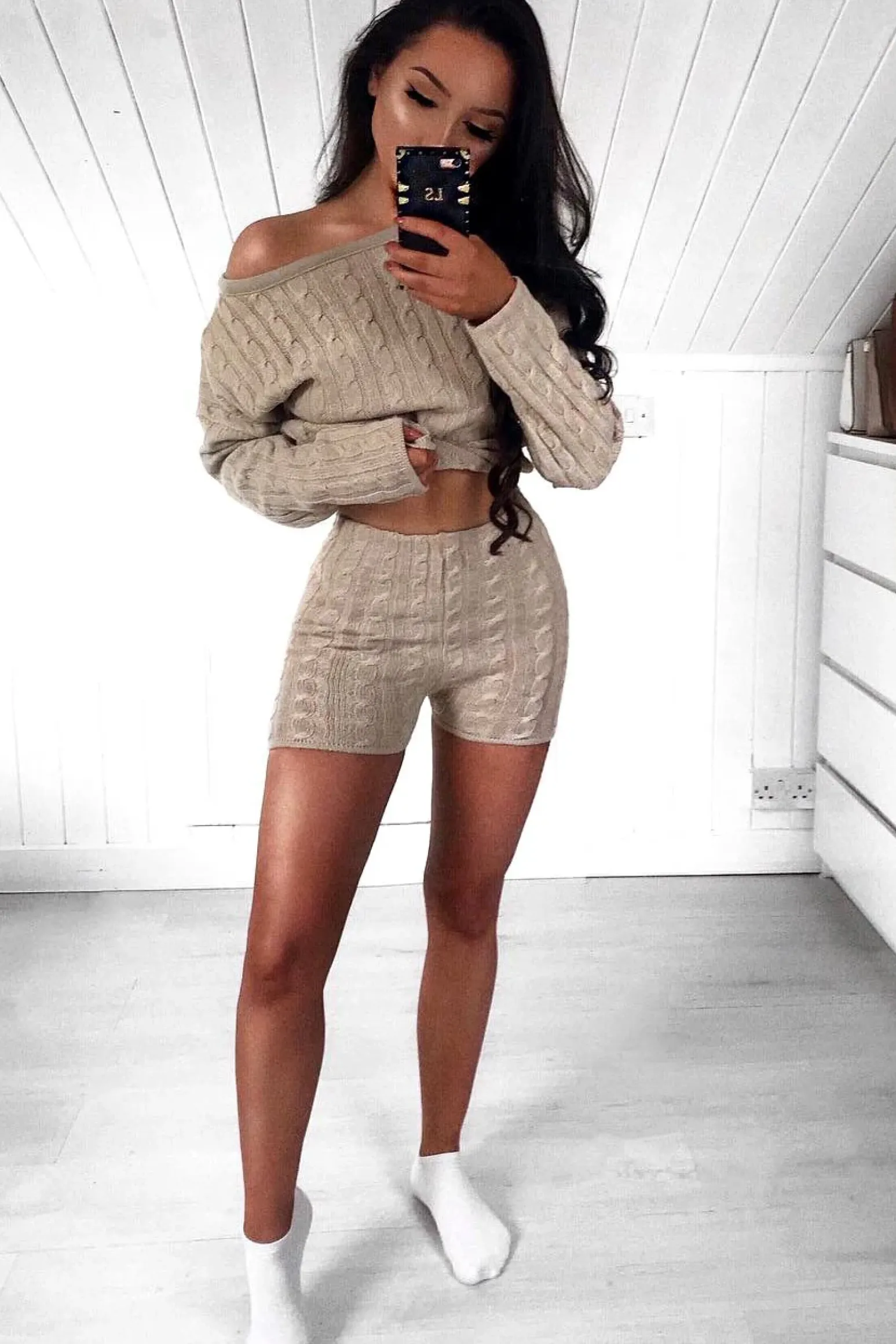 Rebellious Fashion Beige Cable Knit Loungewear Set - Karlie