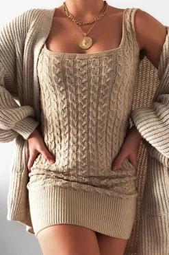 Rebellious Fashion Beige Cable Knit Mini Jumper Dress - Willow