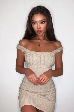 Rebellious Fashion Beige Cable Knit Mini Jumper Dress - Willow