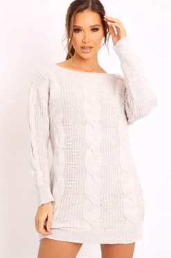 Rebellious Fashion Beige Cable Knit Off Shoulder Jumper Dress - Berry
