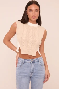 Rebellious Fashion Beige Cable Knit Sleeveless Cropped Jumper - Cleo