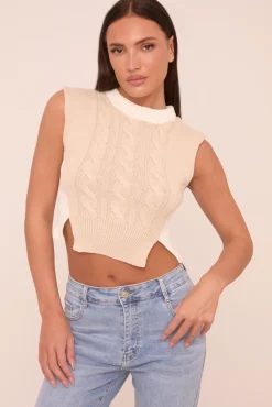 Rebellious Fashion Beige Cable Knit Sleeveless Cropped Jumper - Cleo