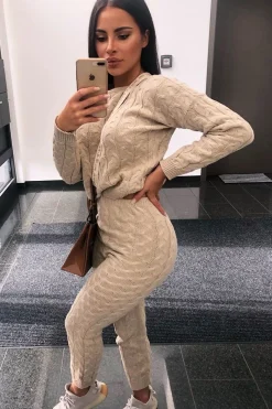 Rebellious Fashion Beige Cable Knit Sweater and Leggings Loungewear Co-ord - Ionia