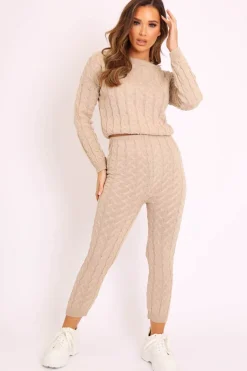 Rebellious Fashion Beige Cable Knit Sweater and Leggings Loungewear Co-ord - Ionia