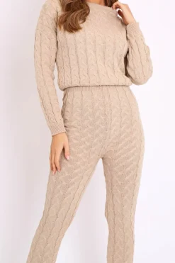 Rebellious Fashion Beige Cable Knit Sweater and Leggings Loungewear Co-ord - Ionia