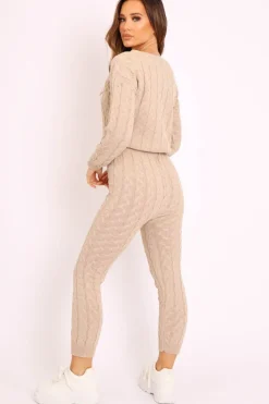 Rebellious Fashion Beige Cable Knit Sweater and Leggings Loungewear Co-ord - Ionia