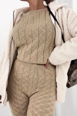 Rebellious Fashion Beige Cable Knit Sweater and Leggings Loungewear Co-ord - Ionia