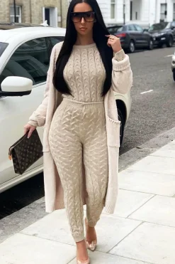 Rebellious Fashion Beige Cable Knit Sweater and Leggings Loungewear Co-ord - Ionia