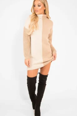 Rebellious Fashion Beige Camel Colour Block Roll Neck Jumper - Milie