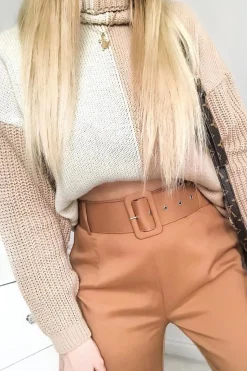 Rebellious Fashion Beige Camel Colour Block Roll Neck Jumper - Milie
