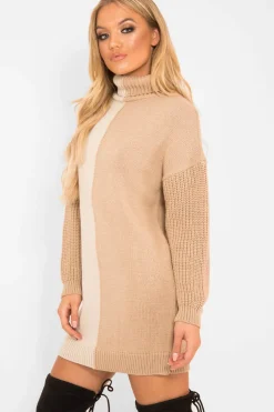 Rebellious Fashion Beige Camel Colour Block Roll Neck Jumper - Milie