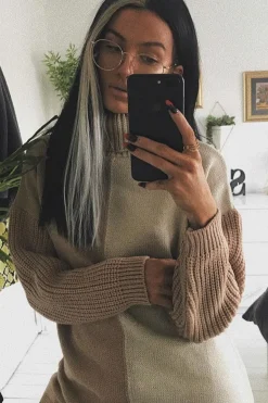 Rebellious Fashion Beige Camel Colour Block Roll Neck Jumper - Milie