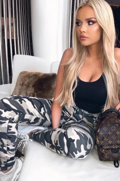 Rebellious Fashion Beige Camouflage Print Side Stripe Joggers - Shannen