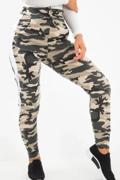Rebellious Fashion Beige Camouflage Print Side Stripe Joggers - Shannen