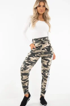 Rebellious Fashion Beige Camouflage Print Side Stripe Joggers - Shannen
