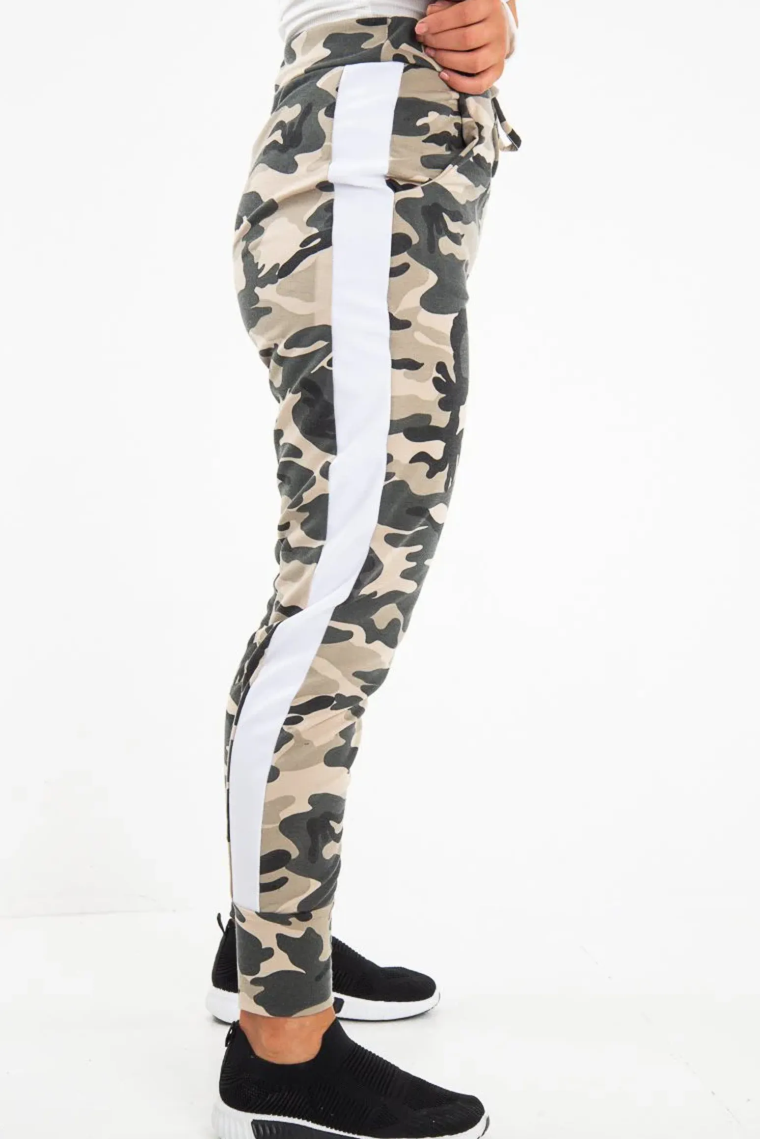 Rebellious Fashion Beige Camouflage Print Side Stripe Joggers - Shannen