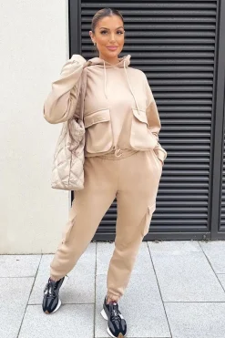 Rebellious Fashion Beige Cargo Pocket Hoodie and Joggers Tracksuit - Aafiya