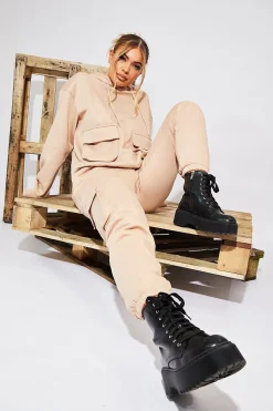 Rebellious Fashion Beige Cargo Pocket Hoodie and Joggers Tracksuit - Aafiya