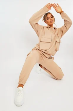 Rebellious Fashion Beige Cargo Pocket Hoodie and Joggers Tracksuit - Aafiya