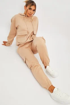 Rebellious Fashion Beige Cargo Pocket Hoodie and Joggers Tracksuit - Aafiya