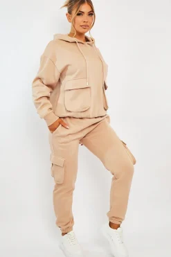 Rebellious Fashion Beige Cargo Pocket Hoodie and Joggers Tracksuit - Aafiya
