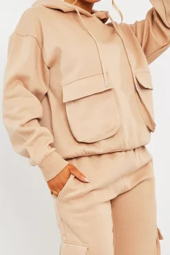 Rebellious Fashion Beige Cargo Pocket Hoodie and Joggers Tracksuit - Aafiya