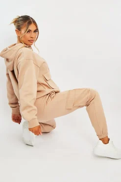 Rebellious Fashion Beige Cargo Pocket Hoodie and Joggers Tracksuit - Aafiya