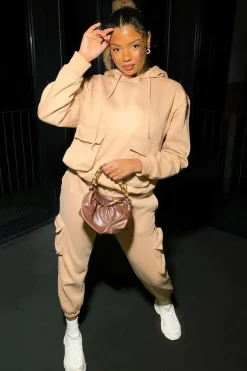 Rebellious Fashion Beige Cargo Pocket Hoodie and Joggers Tracksuit - Aafiya