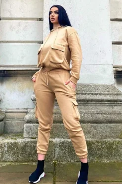 Rebellious Fashion Beige Cargo Pocket Hoodie and Joggers Tracksuit - Aafiya