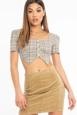 Rebellious Fashion Beige Check Button Front Puff Sleeve Crop Top - Maleya