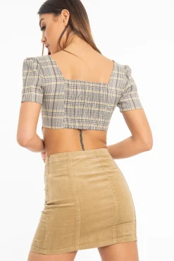 Rebellious Fashion Beige Check Button Front Puff Sleeve Crop Top - Maleya