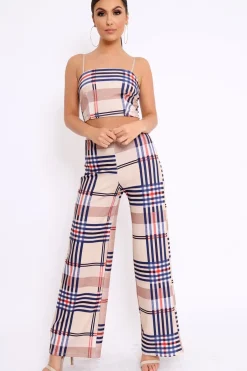Rebellious Fashion Beige Check Crop Top and Trousers Co-Ord - Mahli
