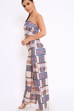Rebellious Fashion Beige Check Crop Top and Trousers Co-Ord - Mahli