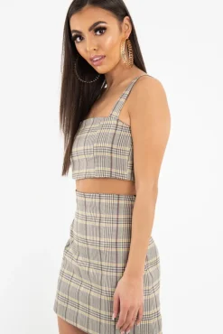 Rebellious Fashion Beige Checked Bodycon Mini Skirt - Adaya