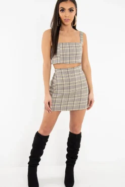 Rebellious Fashion Beige Checked Bodycon Mini Skirt - Adaya