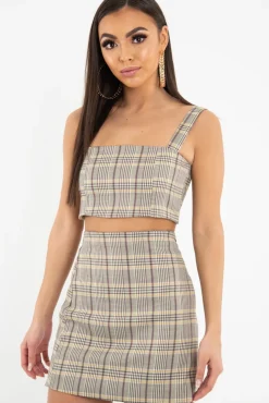 Rebellious Fashion Beige Checked Crop Top - Bianka