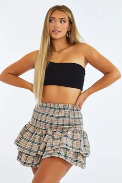 Rebellious Fashion Beige Checked Shirred Waist Tiered Rara Skirt - Delilah