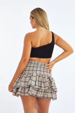 Rebellious Fashion Beige Checked Shirred Waist Tiered Rara Skirt - Delilah
