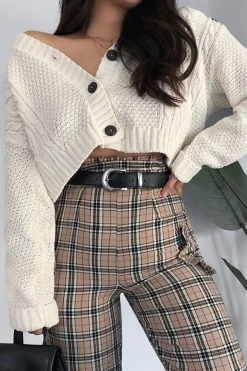Rebellious Fashion Beige Check Frill Detail Trousers - Bristal