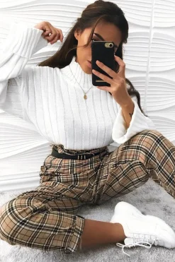 Rebellious Fashion Beige Check Frill Detail Trousers - Bristal