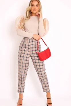 Rebellious Fashion Beige Check Frill Detail Trousers - Bristal