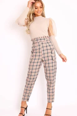 Rebellious Fashion Beige Check Frill Detail Trousers - Bristal