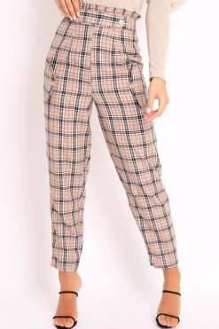 Rebellious Fashion Beige Check Frill Detail Trousers - Bristal