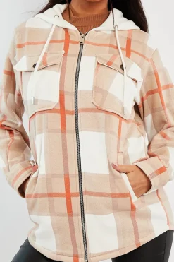 Rebellious Fashion Beige Check Hooded Shacket - Destyn