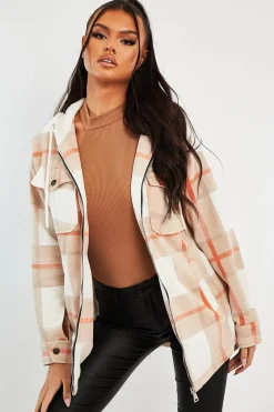 Rebellious Fashion Beige Check Hooded Shacket - Destyn