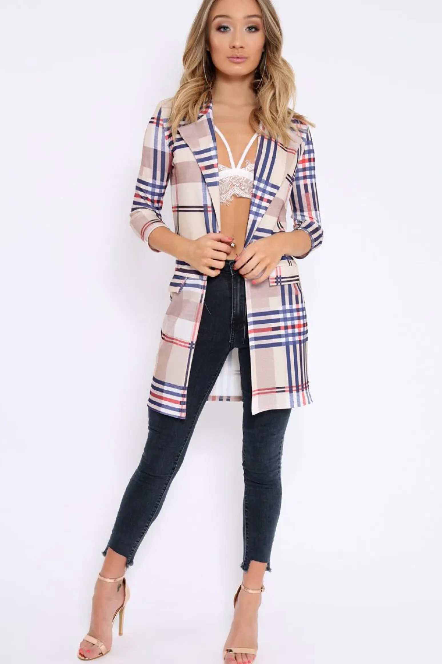Rebellious Fashion Beige Check Long Line Blazer - Trudey