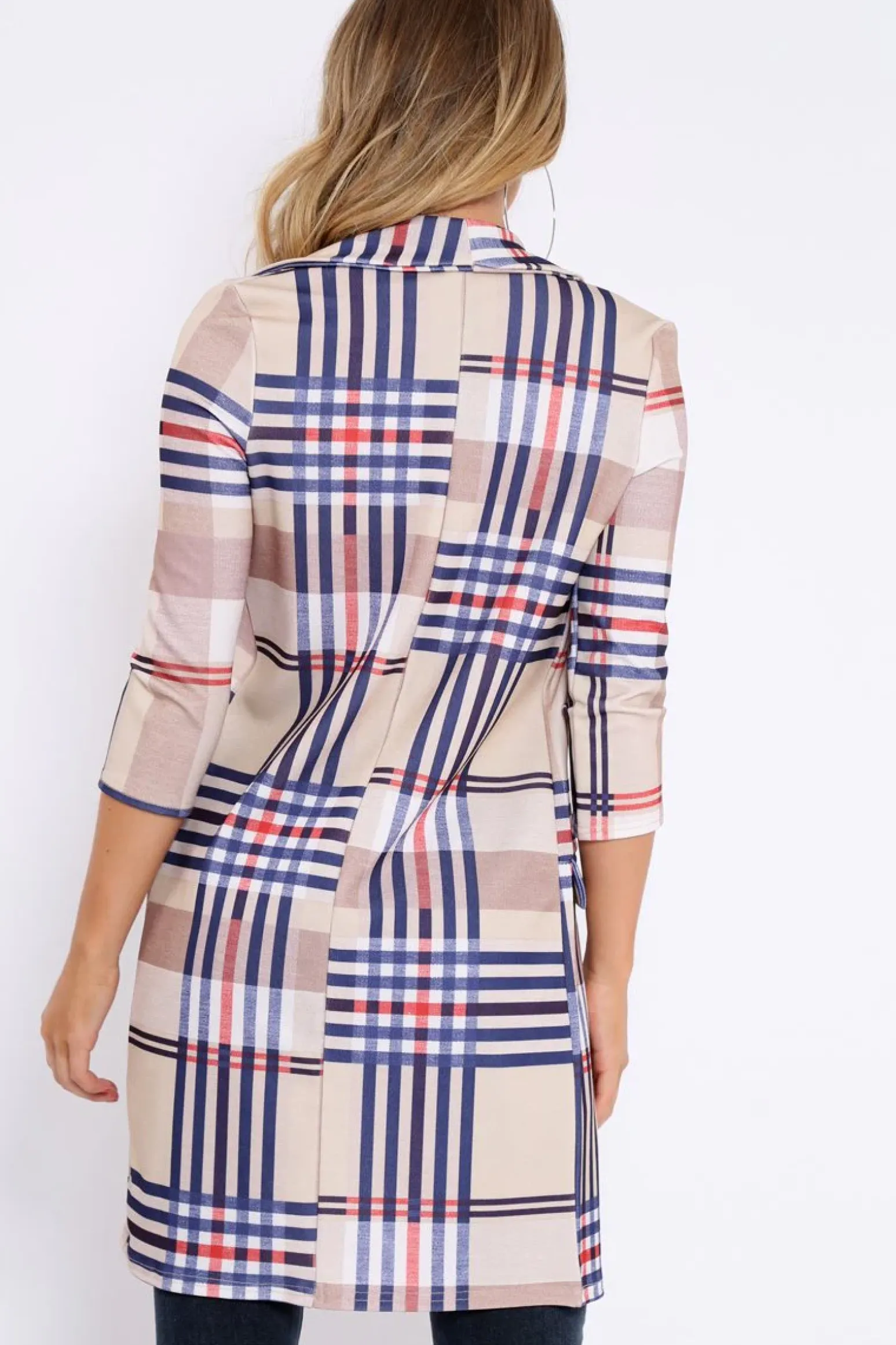 Rebellious Fashion Beige Check Long Line Blazer - Trudey
